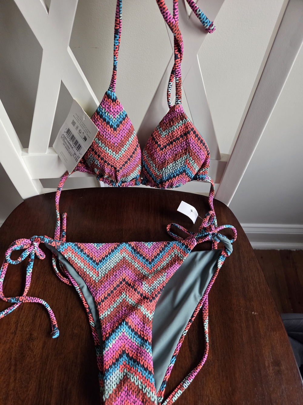 Maaji Pink Turquoise Coral Chevron Tie-Side Bikini sz Small Nwt